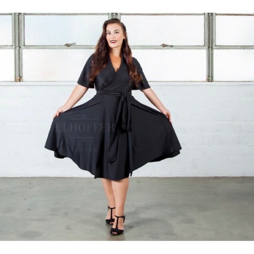 Elhoffer Design Black Galactic‎ Empress Wrap Dress XS 3/4 Sleeve Circle Skirt